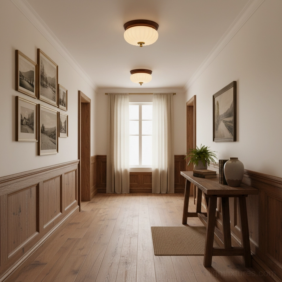 Two Brioche ribbed glass ceiling lamps in wood-trimmed residential hallway with gallery wall display