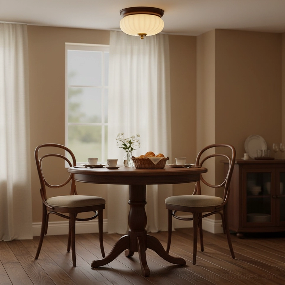 Brioche ribbed glass flush mount ceiling fixture with walnut canopy and warm LED illumination