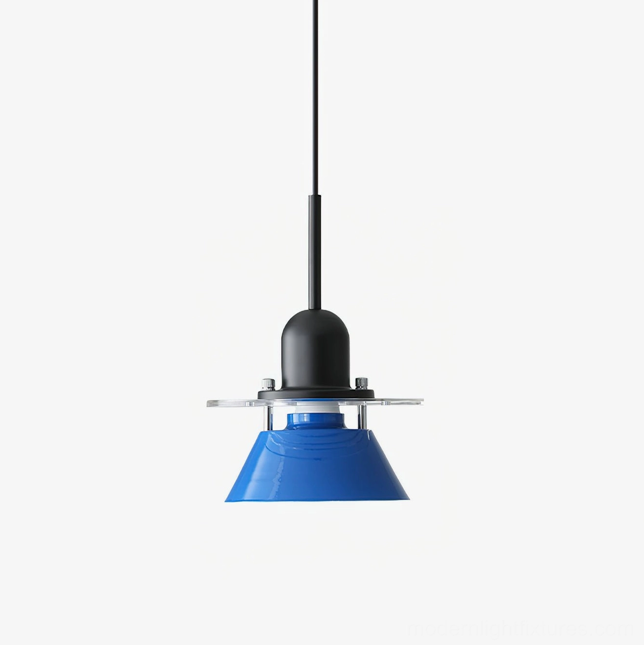 Blue geometric pendant light fixture with clear acrylic ring detail, studio product photography