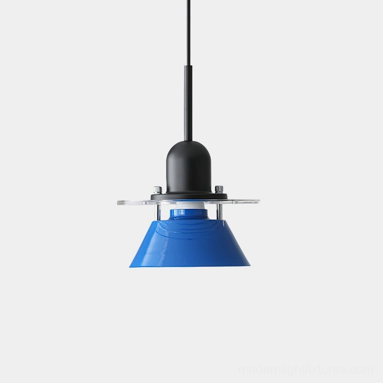 Briont modern pendant light with blue metal cone shade and clear acrylic ring, front view on white background