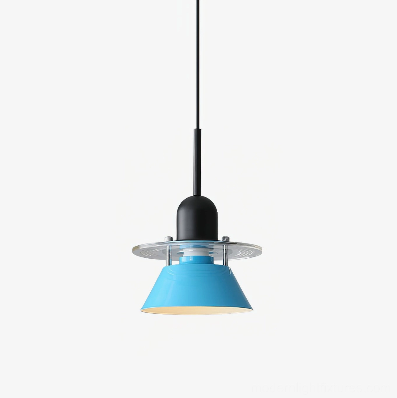 Light blue modern pendant light with cone metal shade and clear acrylic trim, front studio view