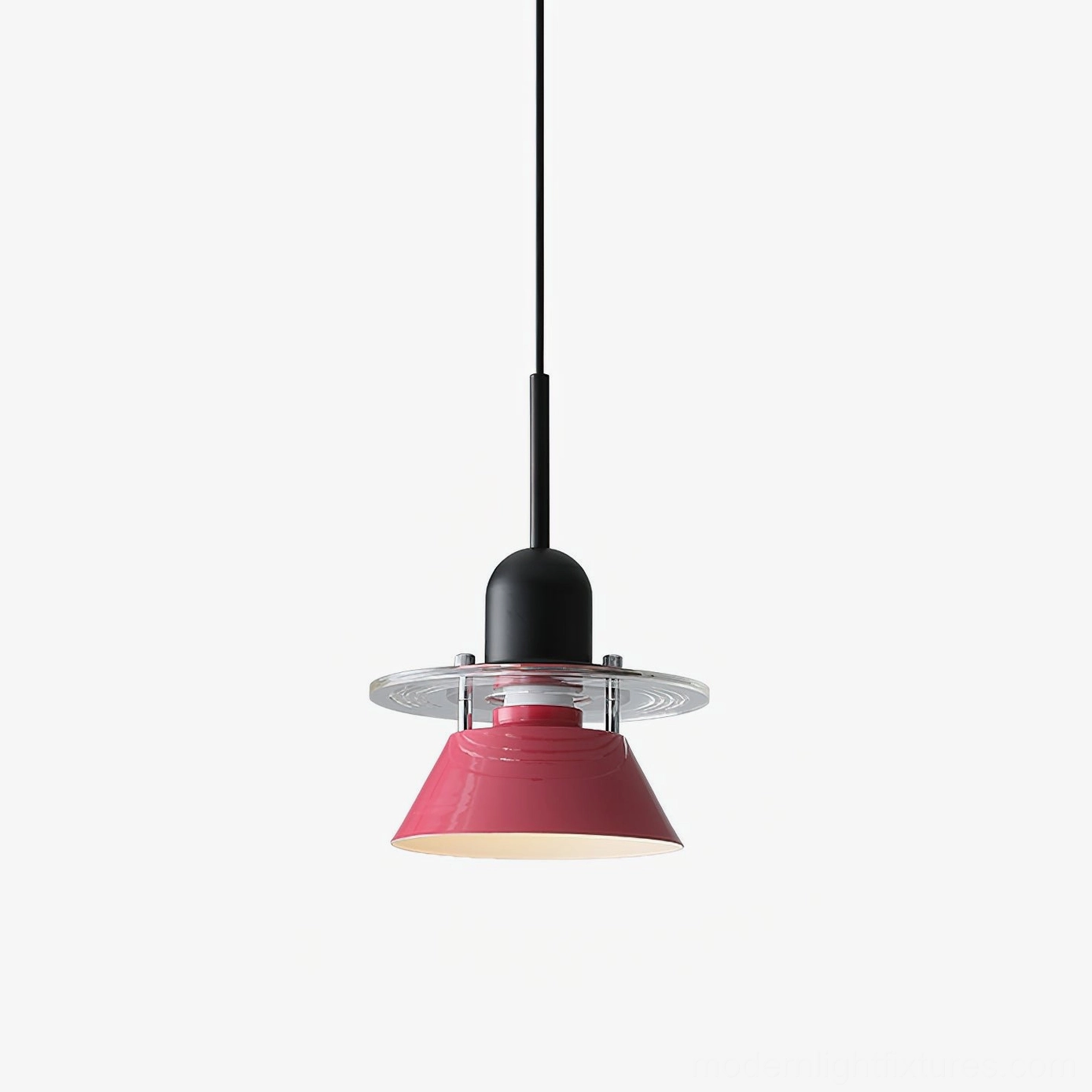 Rose red modern pendant light with sculptural cone shade and transparent acrylic trim detail