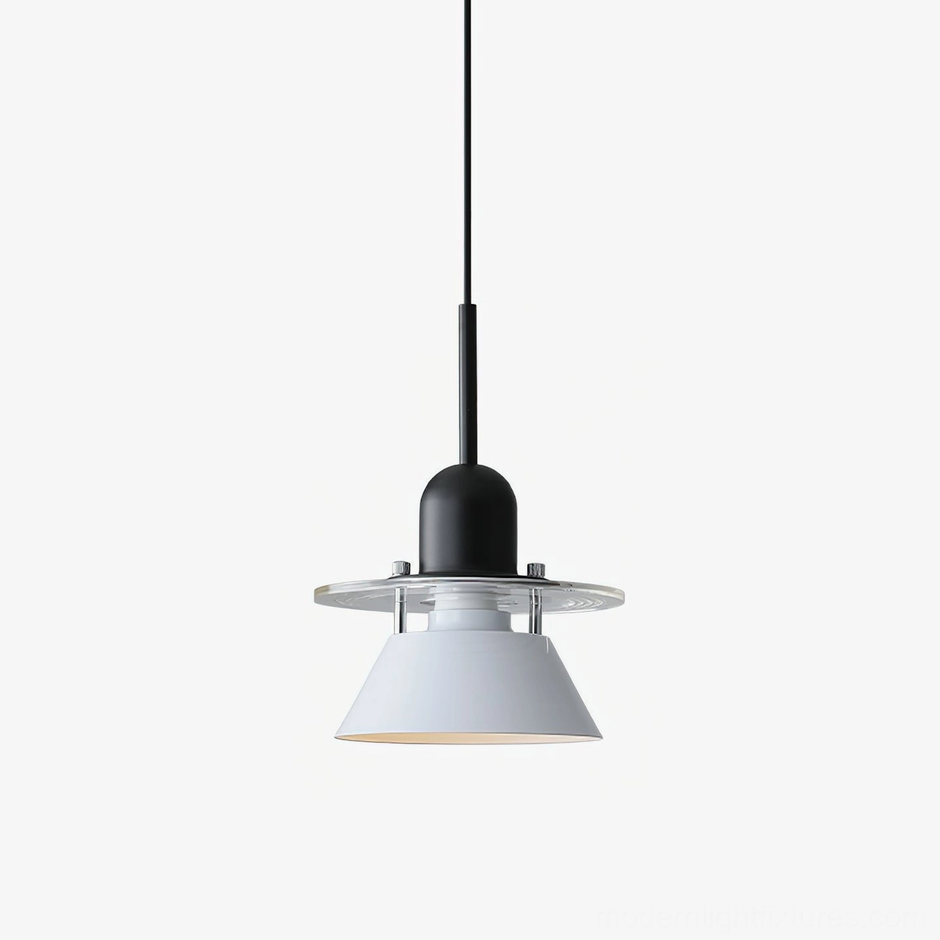 White metal pendant light shade with acrylic ring accent and matte black hardware, studio photography