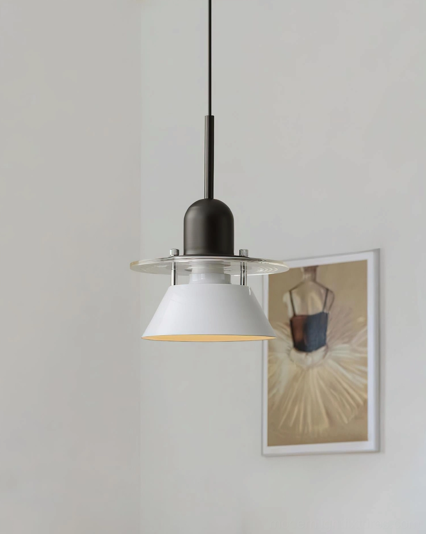 White cone metal pendant light with clear acrylic accent ring, contemporary home interior with framed artwork