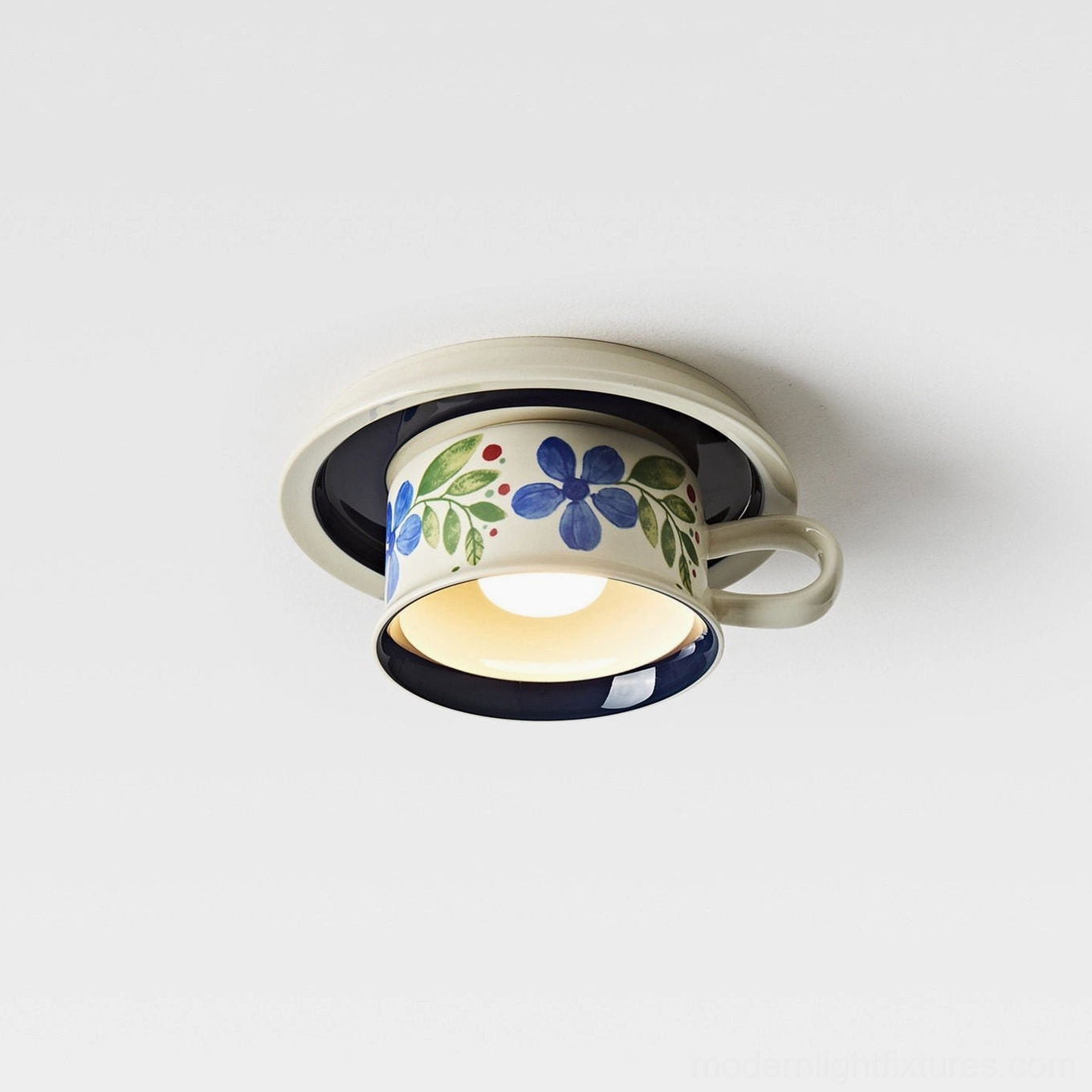 Brisa hand-painted ceramic tea cup ceiling light with metal canopy and mounting hardware detail view