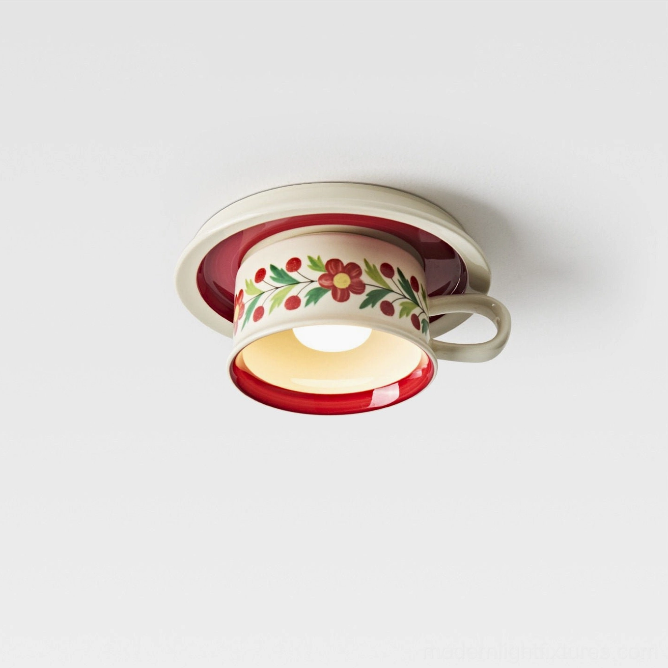 Brisa ceramic ceiling light fixture angled view showing handle detail and warm ambient downward glow