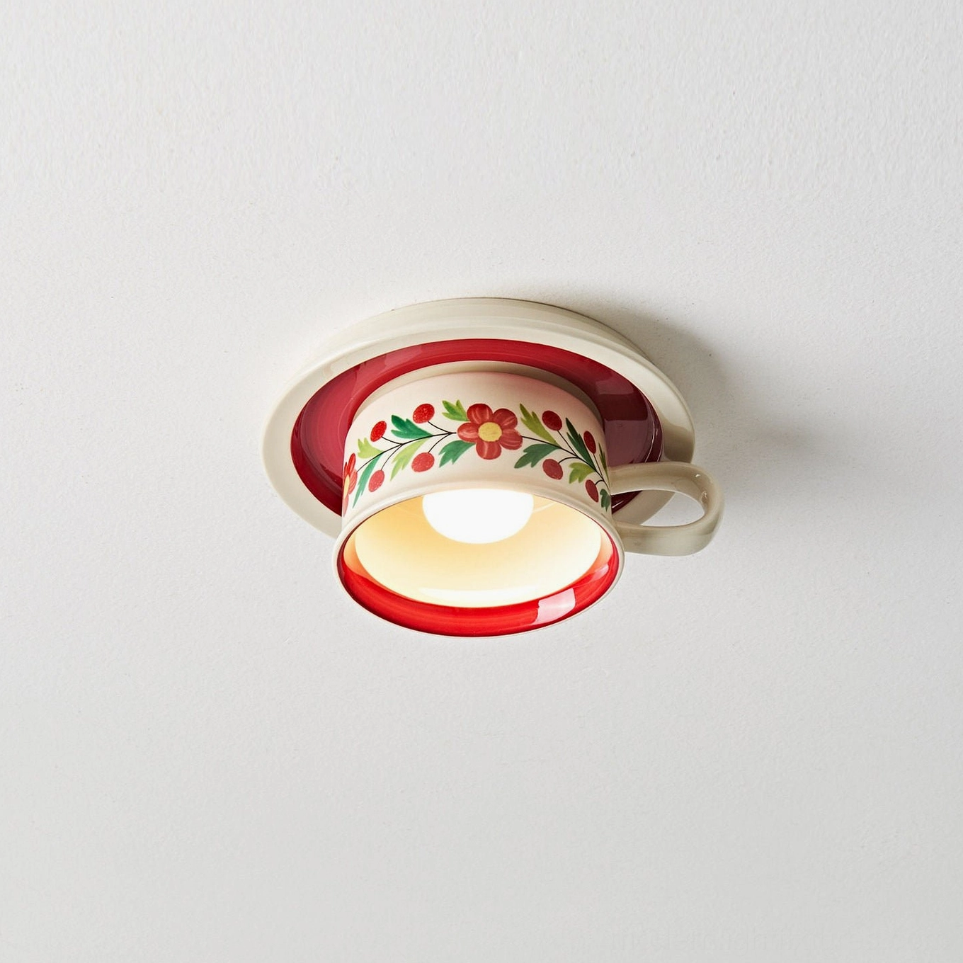 Brisa ceramic tea cup ceiling lamp bottom view showing G4 socket and metal fixture components