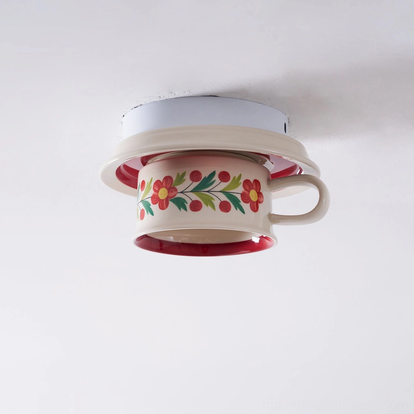 Brisa hand-painted ceramic tea ceiling fixture lifestyle photo in home interior setting with cottage aesthetic