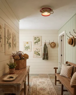 Hand-painted ceramic tea cup ceiling lamp installed in warm farmhouse entryway with neutral walls and welcoming ambiance