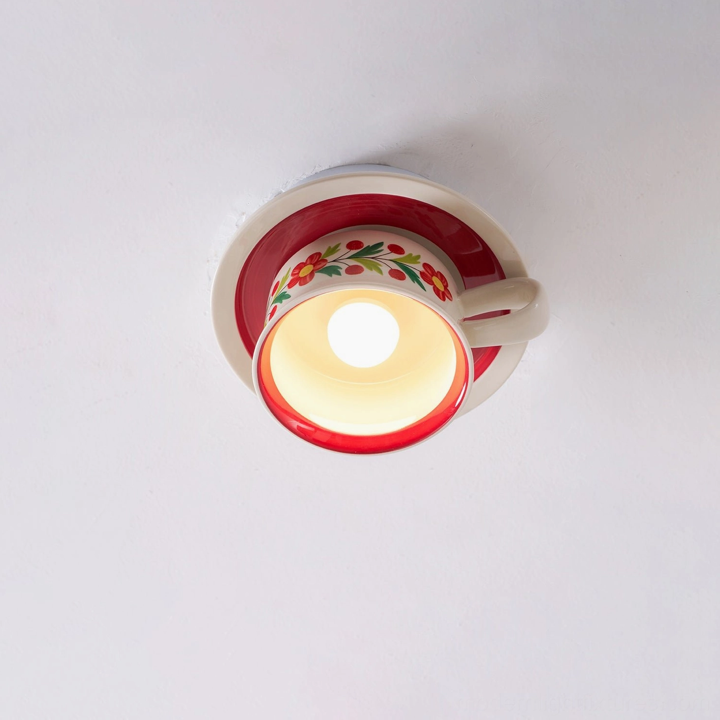 Brisa ceramic hand-painted tea cup ceiling lamp full product showcase with teacup saucer design silhouette
