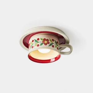 Brisa ceramic hand-painted tea cup ceiling light fixture with floral details in cream and red tones, front overhead view on white background