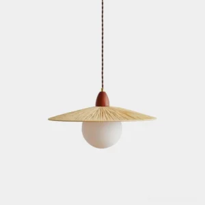 Briuna handwoven raffia pendant light with walnut wooden canopy, front view on white background