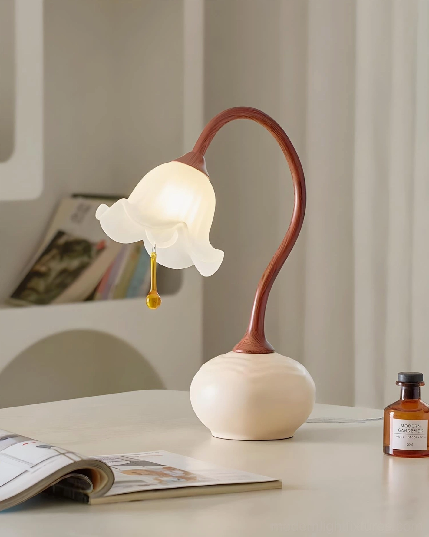 Brivana modern botanical table lamp with walnut stem and frosted fluted shade - design detail close-up