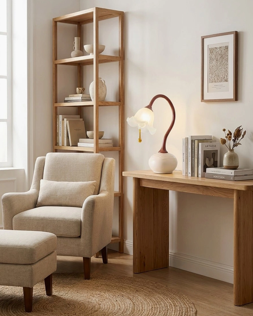 Brivana lamp on console table with bookshelf background - minimalist japandi living room styling