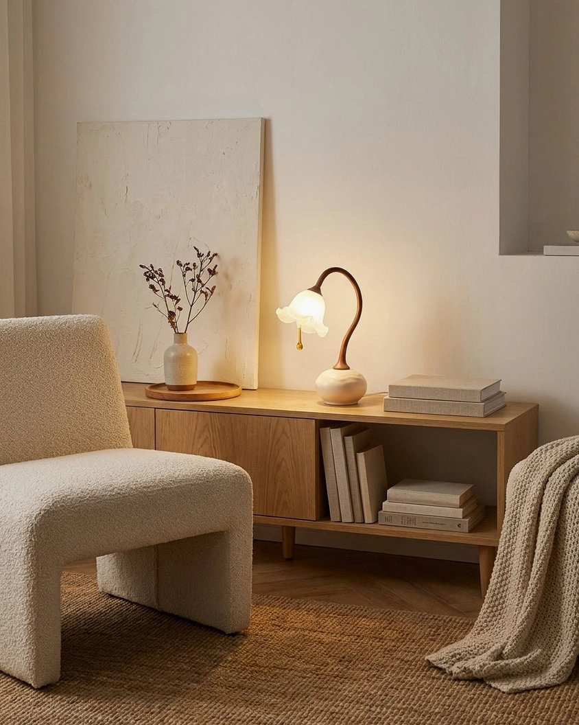 Brivana botanical lamp on living room console table with floral arrangement - modern minimalist interior styling