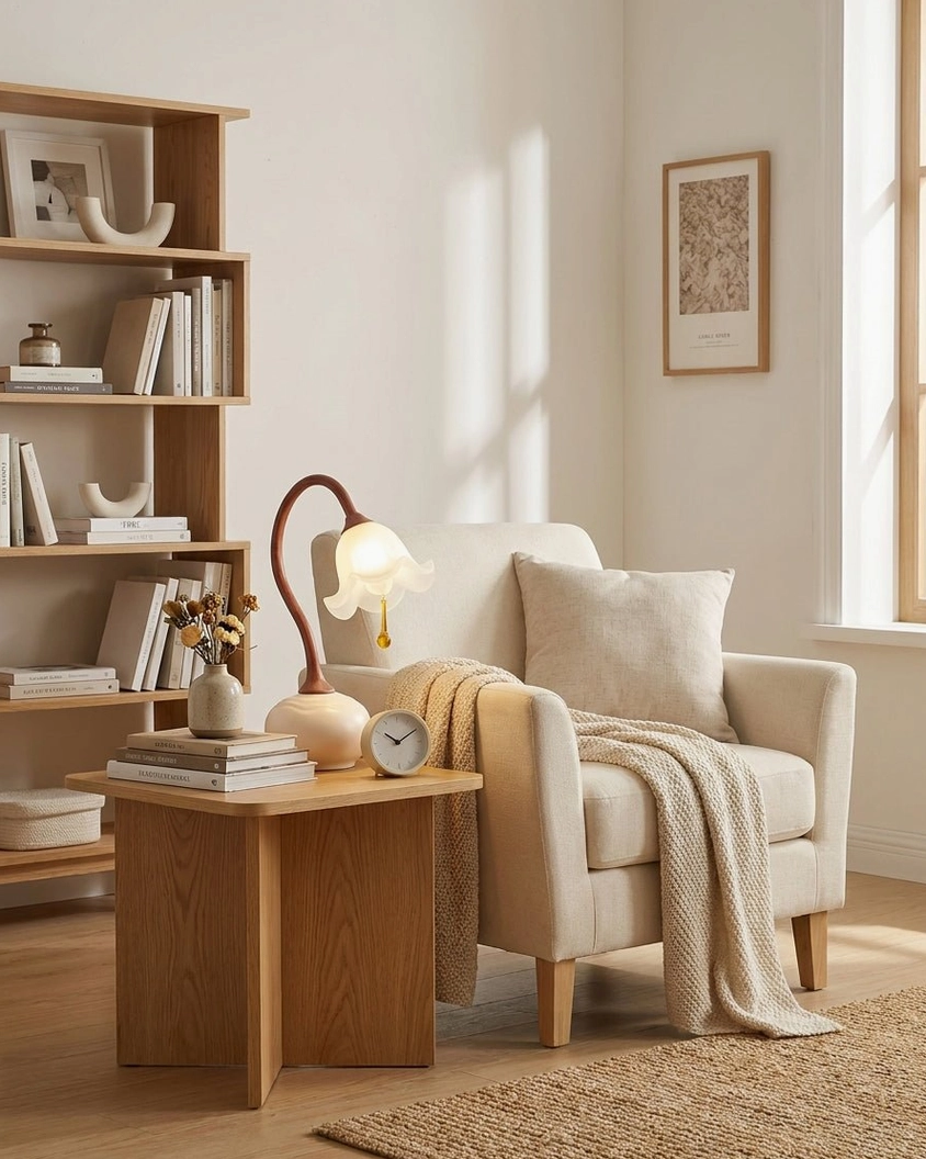 Brivana botanical table lamp on wooden side table near armchair - scandinavian home nook design