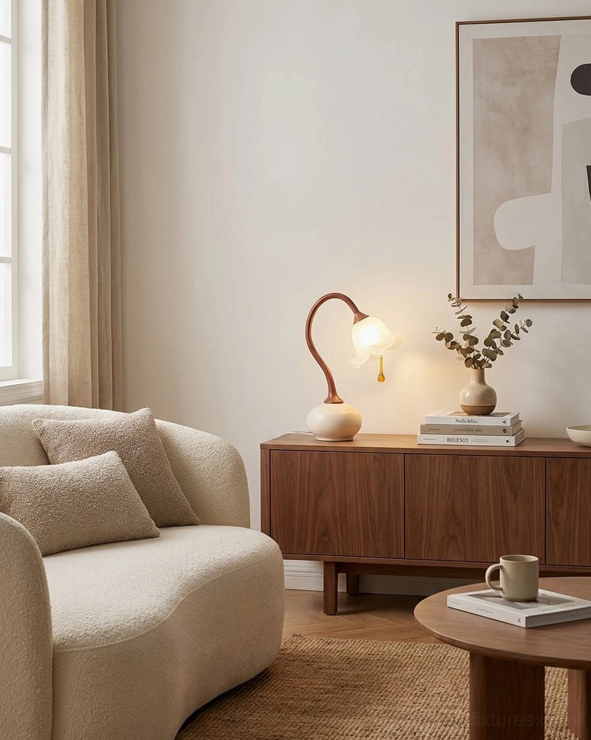 Brivana table lamp beside sofa on dark wood sideboard with flowers - contemporary living room mood lighting