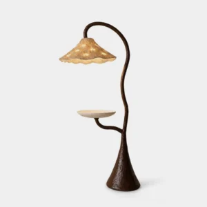 Brivora organic modern floor lamp with integrated side tray, full front view showcasing walnut brown sculptural stem and cream scalloped shade on white background