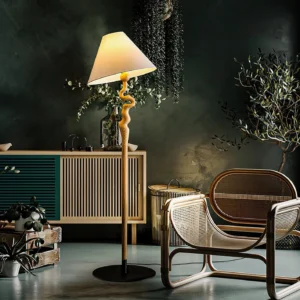 Brodie floor lamp in retro living room setting with warm lighting and fabric shade detail