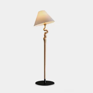 Brodie sculptural floor lamp with wavy wooden stem and white fabric shade, front view on plain background