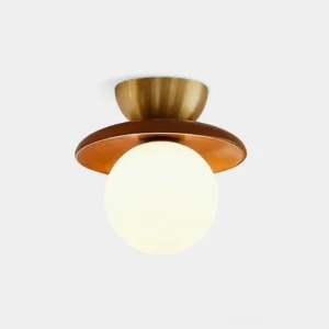 Brody mid-century globe semi-flush ceiling light with brass canopy and walnut wood accent ring, front view on white background
