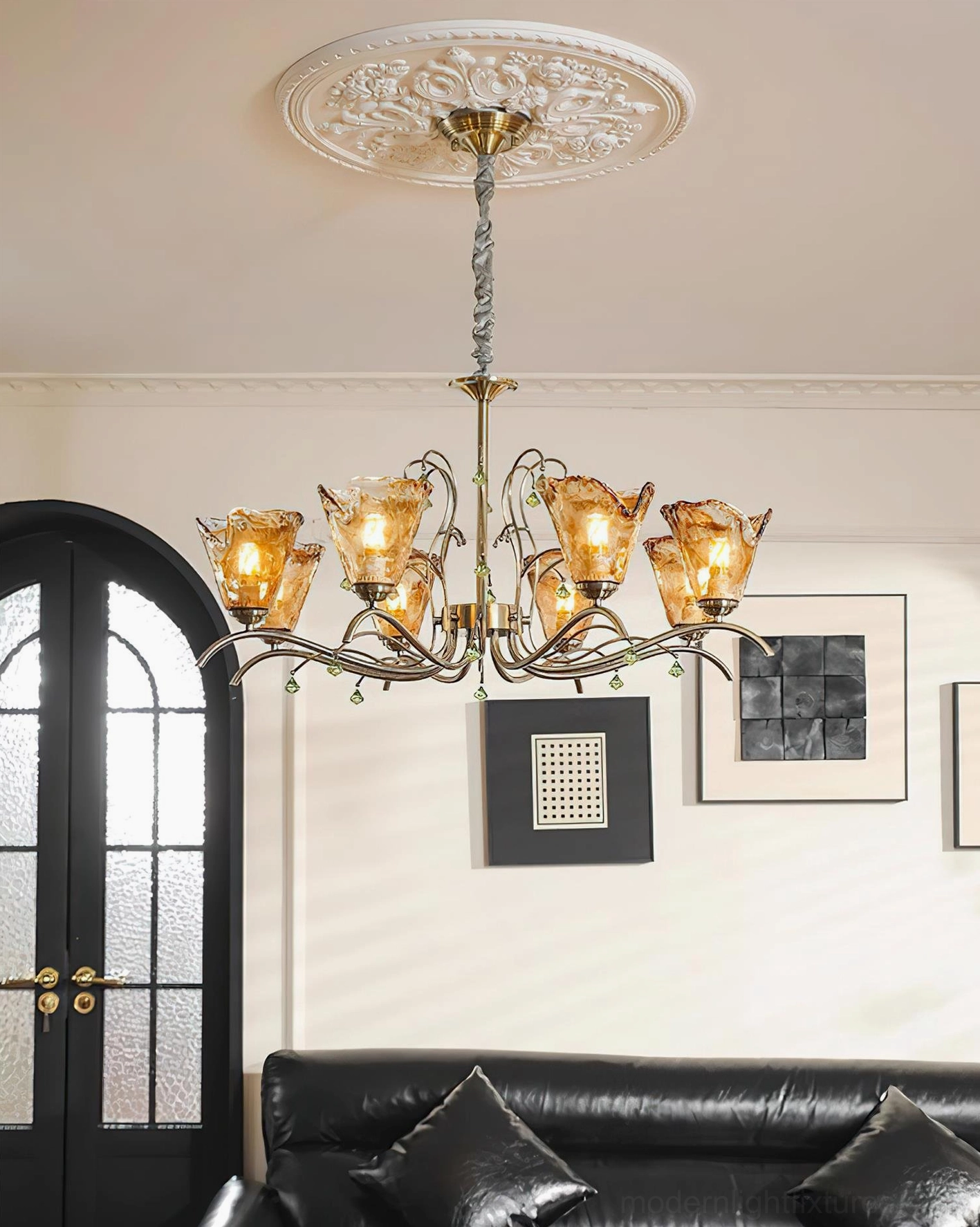 Vetraio chandelier bronze twisted metal arms with green crystal accent droplets, detailed view of structural artisan metalwork