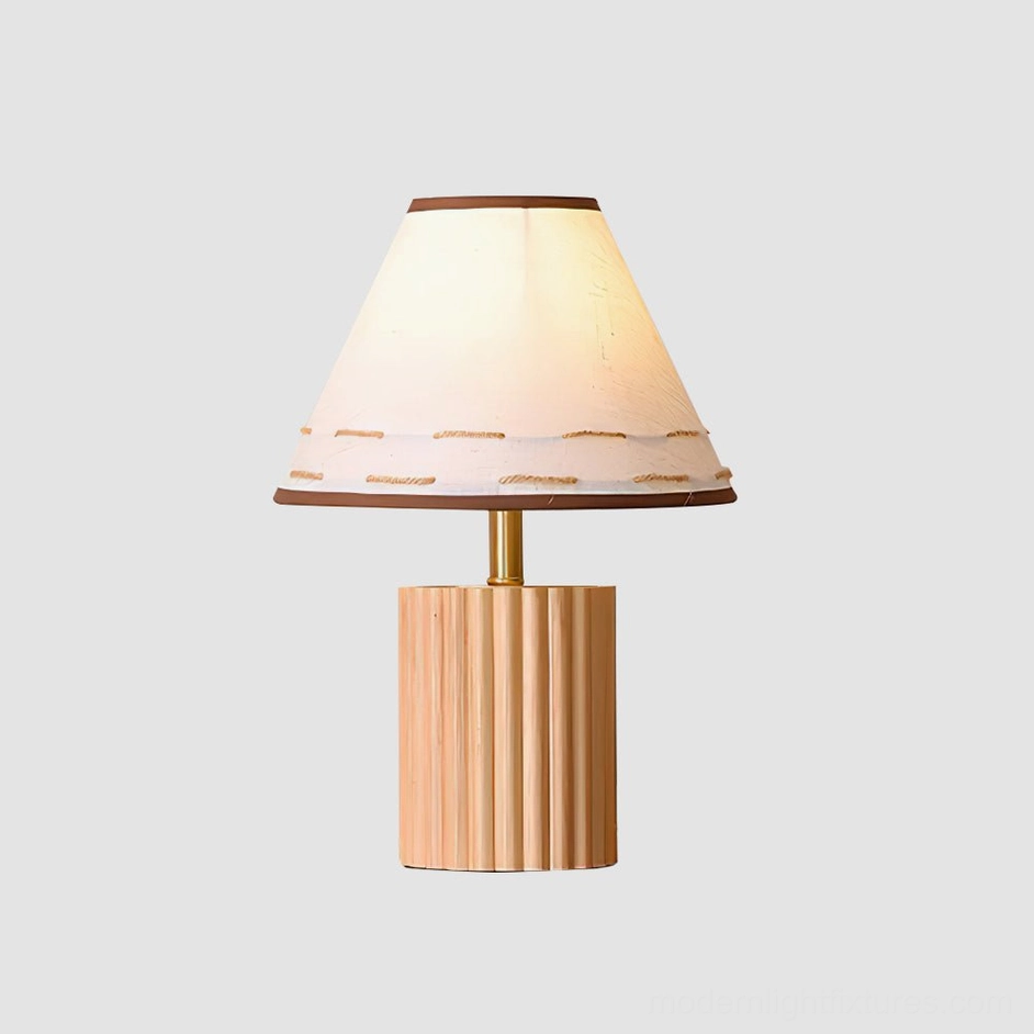 Brooke wooden table lamp in natural light wood color with handmade tapered fabric shade and brass accents
