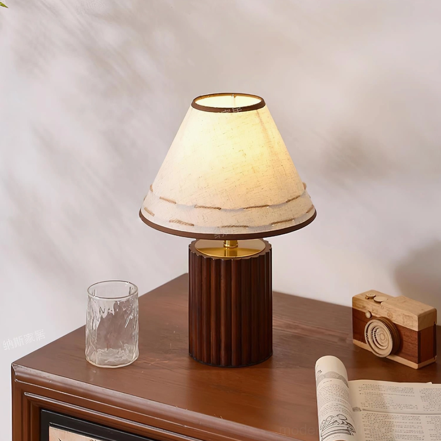 Brooke wooden table lamp with natural light wood fluted base and handcrafted fabric shade in modern minimalist style