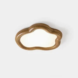 Brown wood-frame cloud flush mount ceiling light with creamy white panel displayed against pure white background