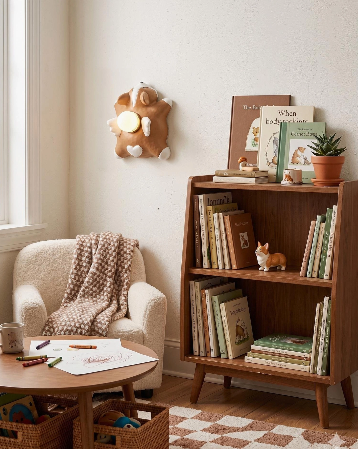 Brown cute cartoon animal wall lamp in cozy reading corner accent light