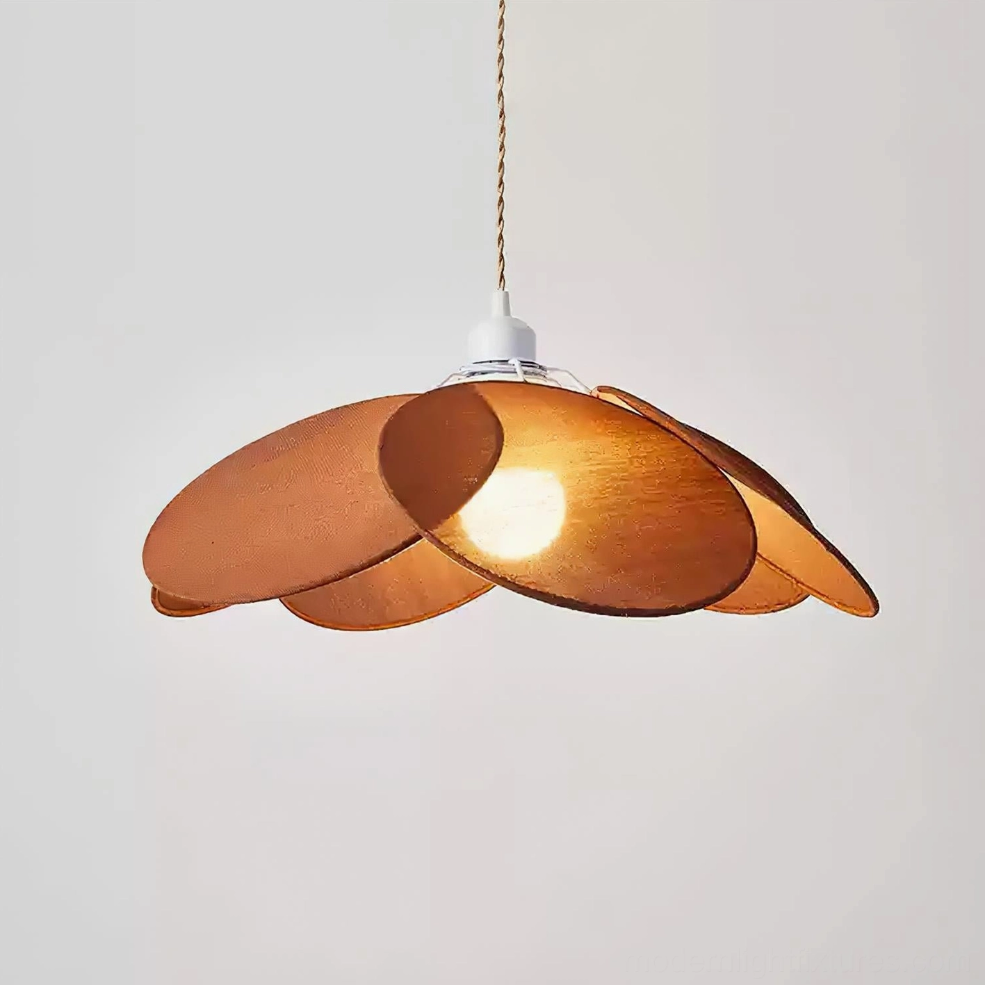Brown wood-textured petal pendant light with twisted cord and exposed bulb overhead view