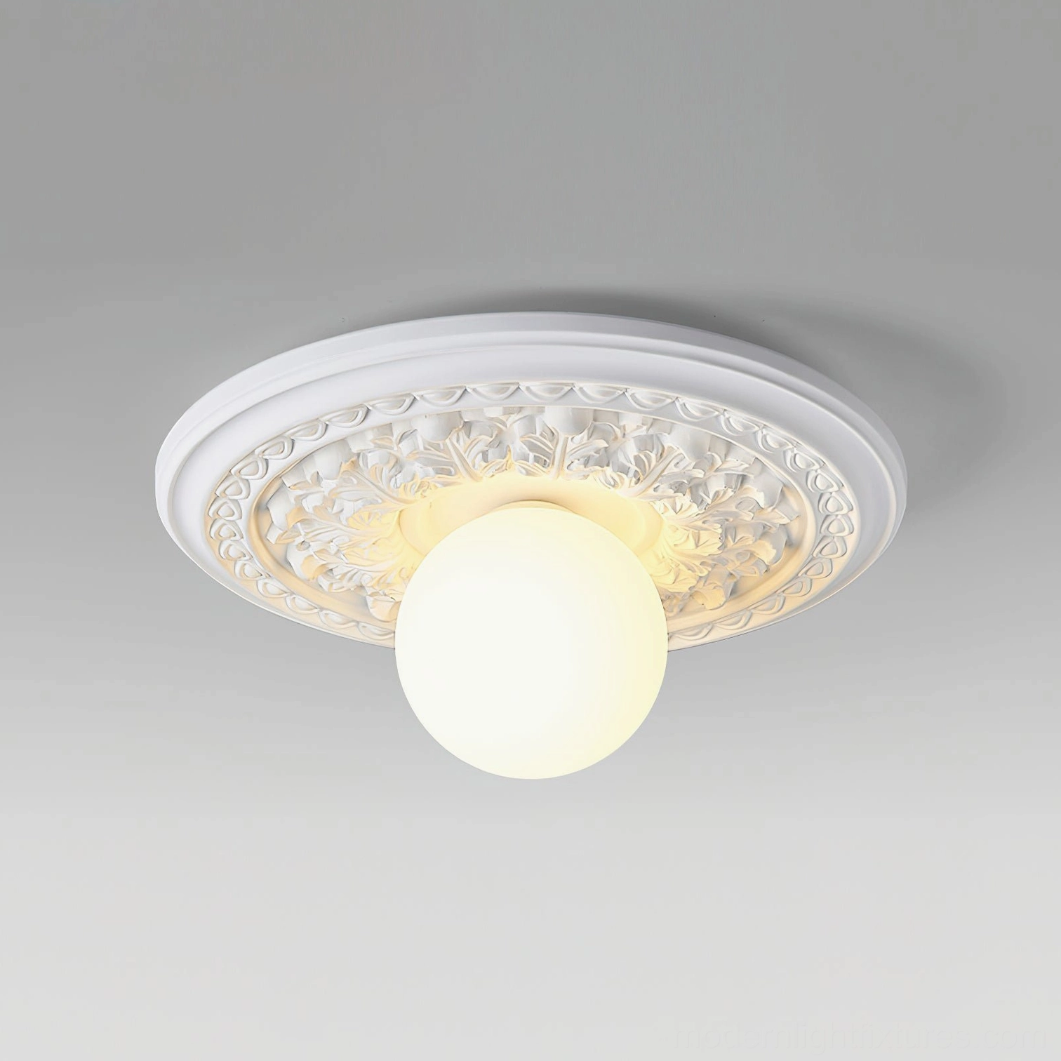 Resin ceiling light with brown finish and frosted acrylic globe warm light pool