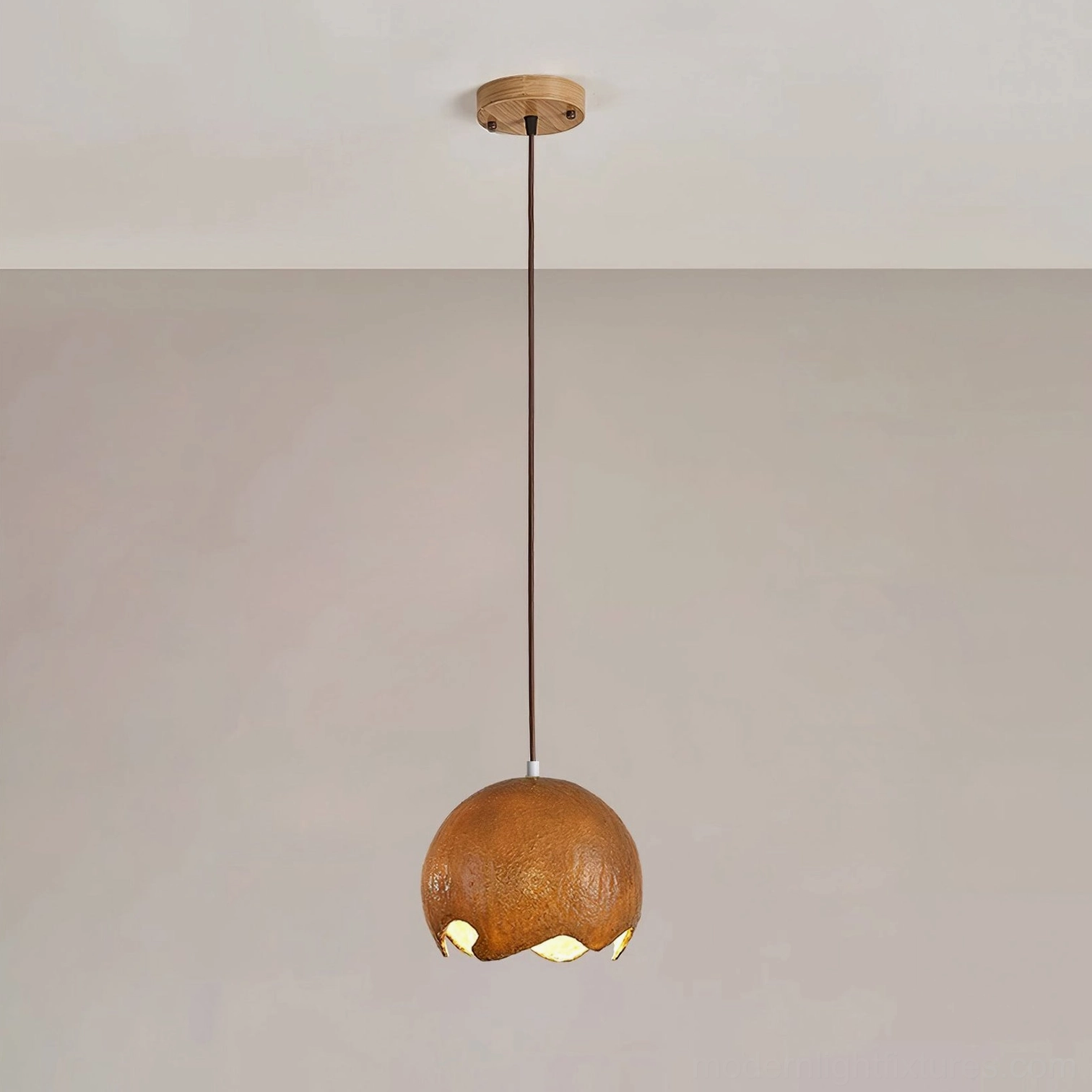 Brown textured moon crater pendant hanging from wooden ceiling base with black suspension cord, organic crater surface detail