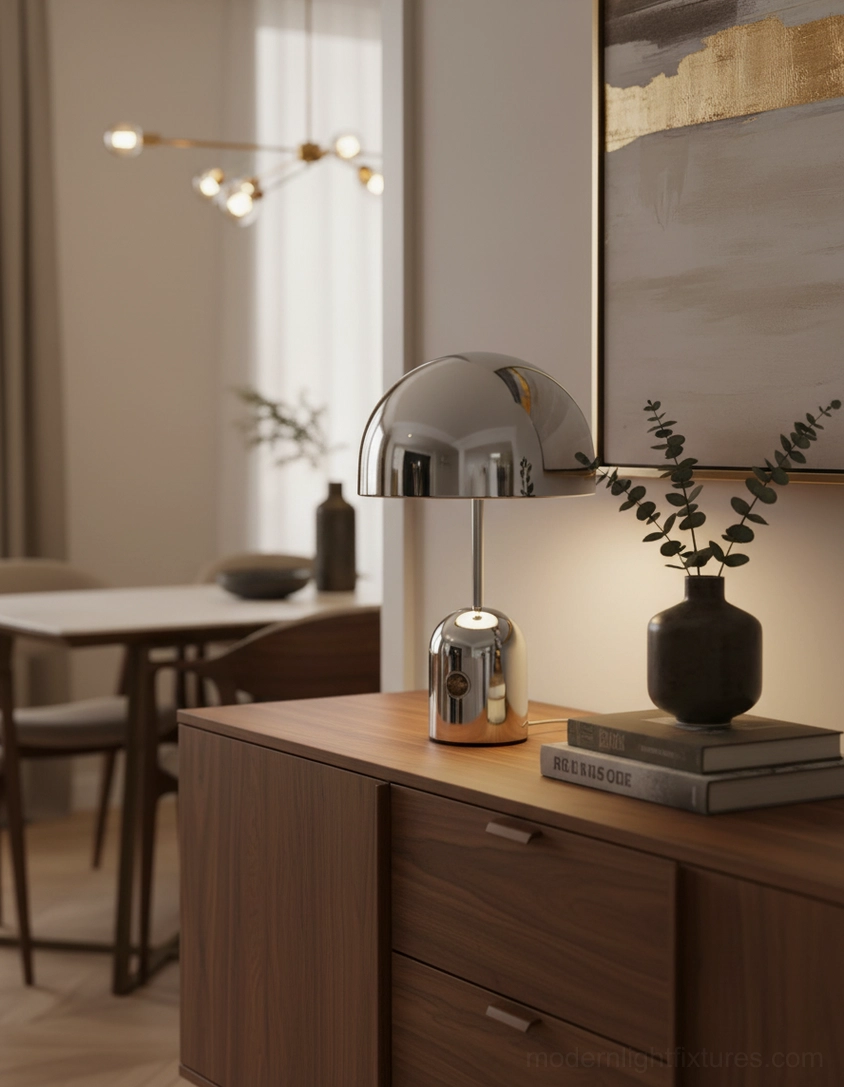 Chrome Brulee table lamp on wooden cabinet top in dining room entry area with stacked books and black vase