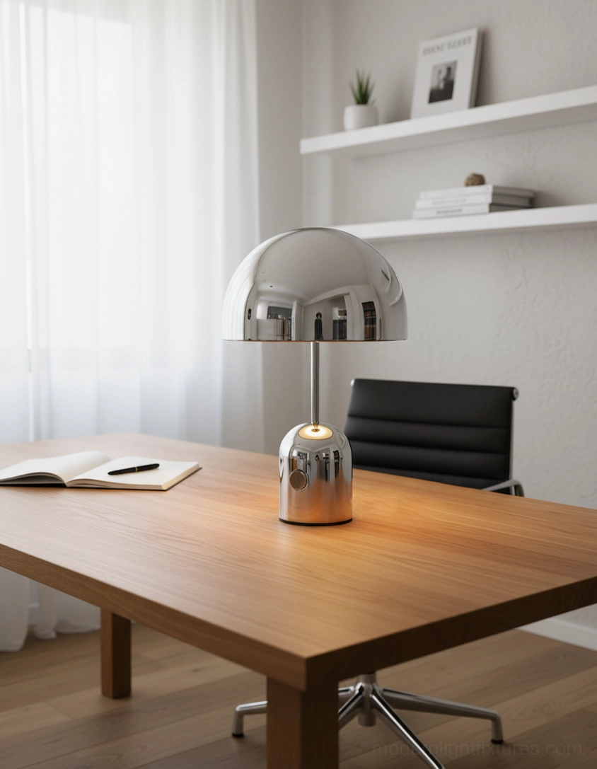 Chrome Brulee table lamp illuminating home office wooden desk with notebook and office chair in background