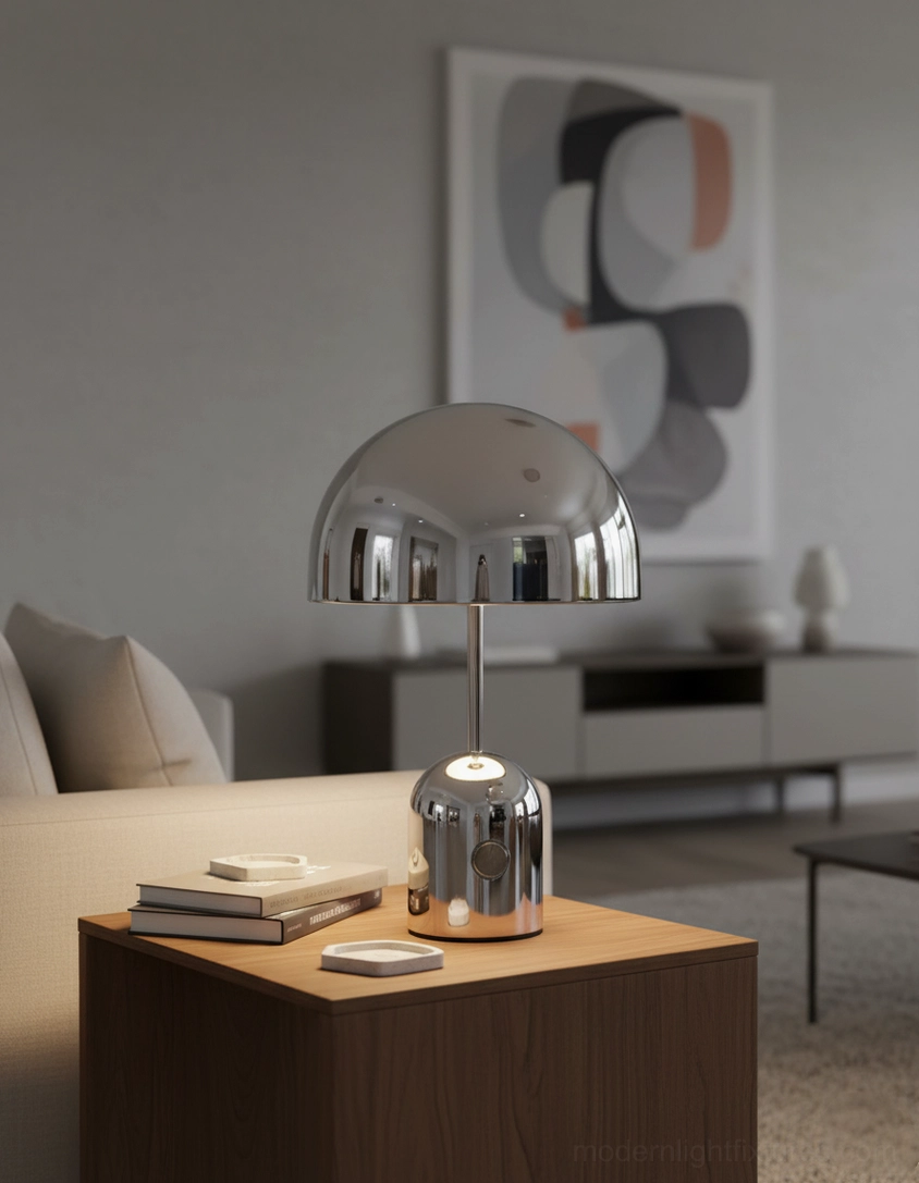 Chrome portable Brulee lamp on living room side table next to sofa with stacked books and smartphone