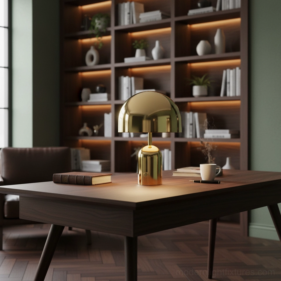 Gold Brulee modern table lamp in home office study room on dark wood desk with coffee cup and books