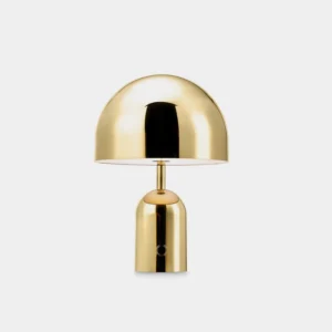 Brulee portable table lamp with polished gold finish on white background, showing minimalist dome design and metallic cylinder base