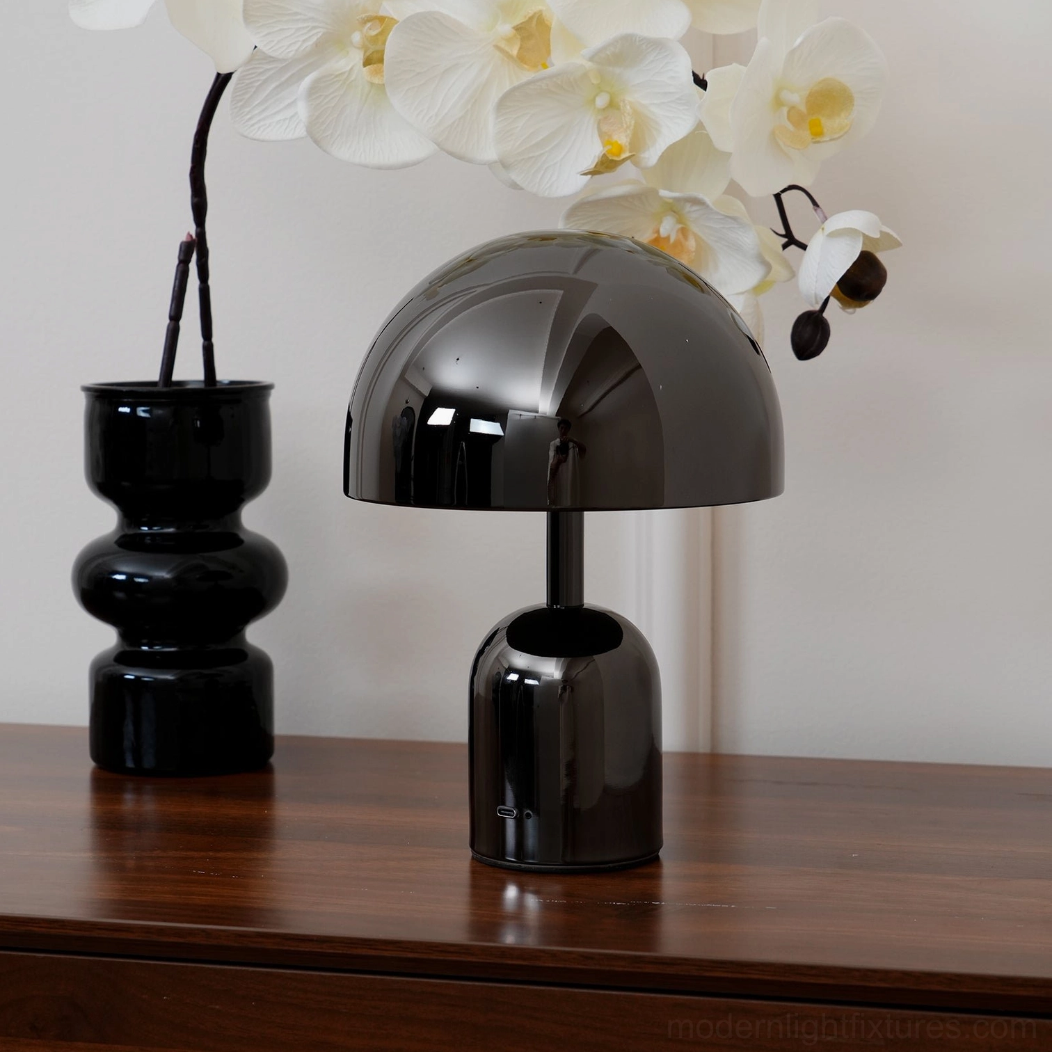 Rose gold Brulee table lamp detail showing touch control sensor and metallic high-gloss finish