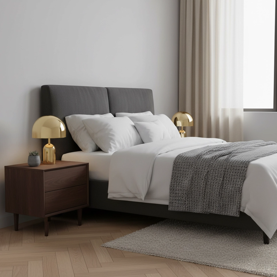 Rose gold Brulee modern table lamp demonstrating warm gloss finish and dome shade design