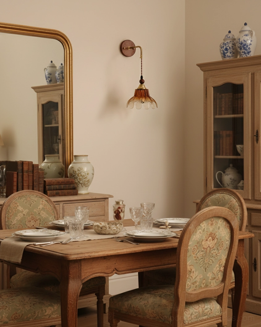 Bruma brass sconce above formal dining table with upholstered chairs