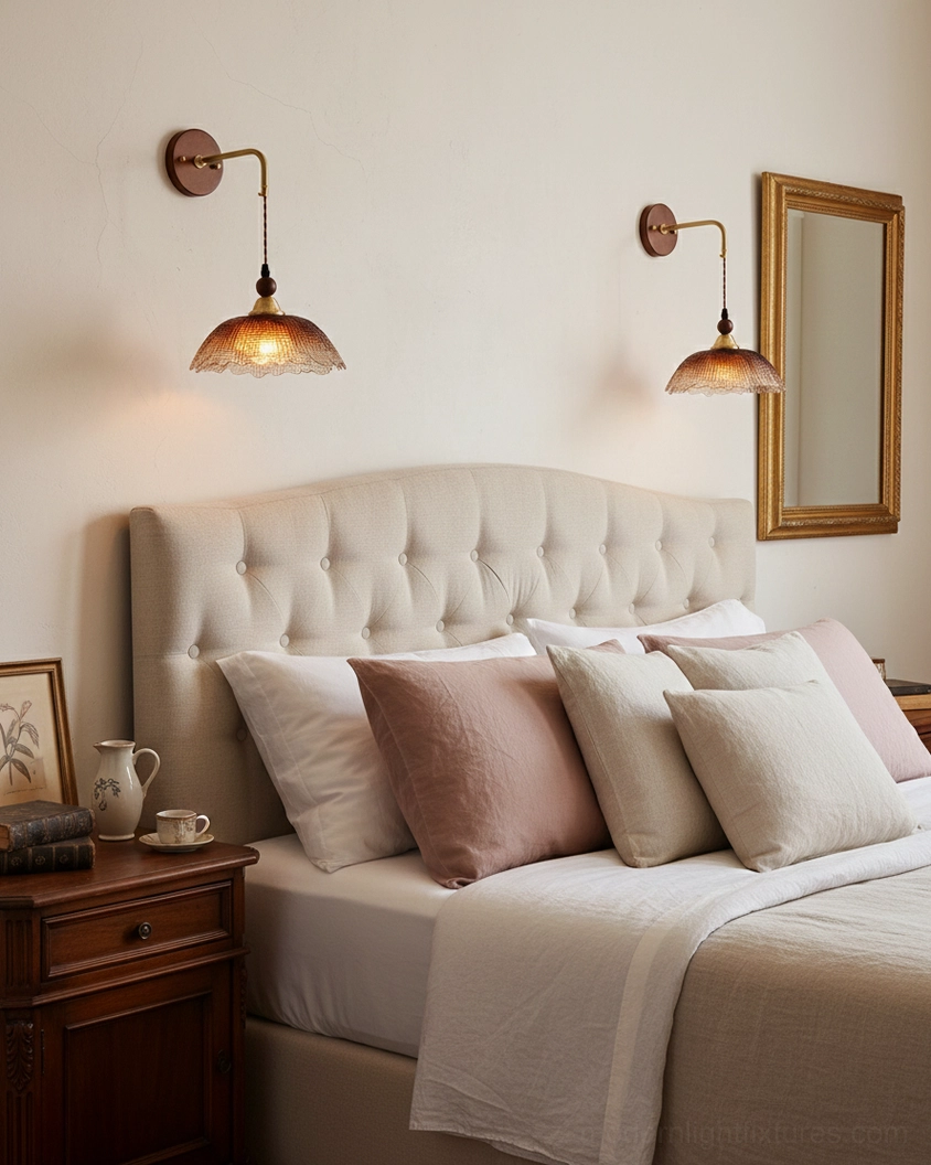 Pair of Bruma wall sconces flanking tufted bed headboard in master bedroom