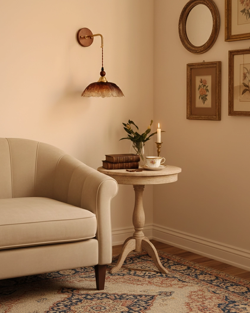 Bruma wall sconce illuminating reading nook with framed artwork and vintage decor