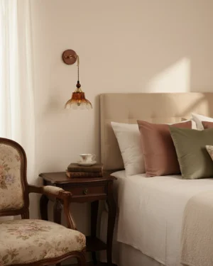 Bruma brass wall sconce in bedroom bedside setting with warm ambient lighting