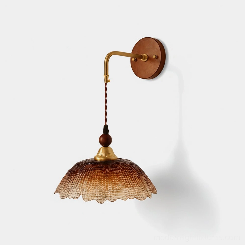 Bruma vintage brass wall sconce with gradient amber ruffled glass shade - front studio product view