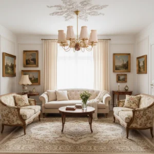 Brunel Grove chandelier illuminated in traditional formal living room with carved ceiling medallion and warm neutral decor