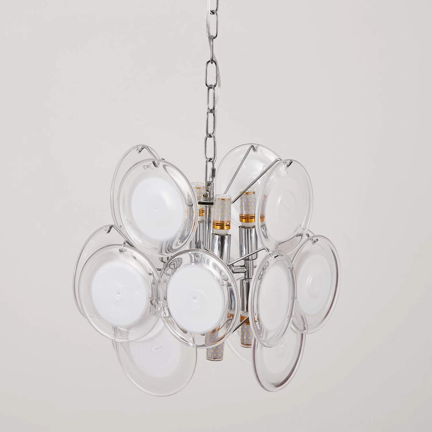 Brunelle hanging glass disc pendant with adjustable chain, sloped ceiling compatible modern light fixture