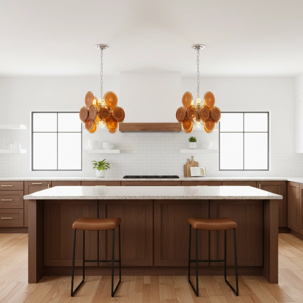 Pair of amber glass disc pendant chandeliers installed above modern kitchen island with wooden countertop, matching fixtures