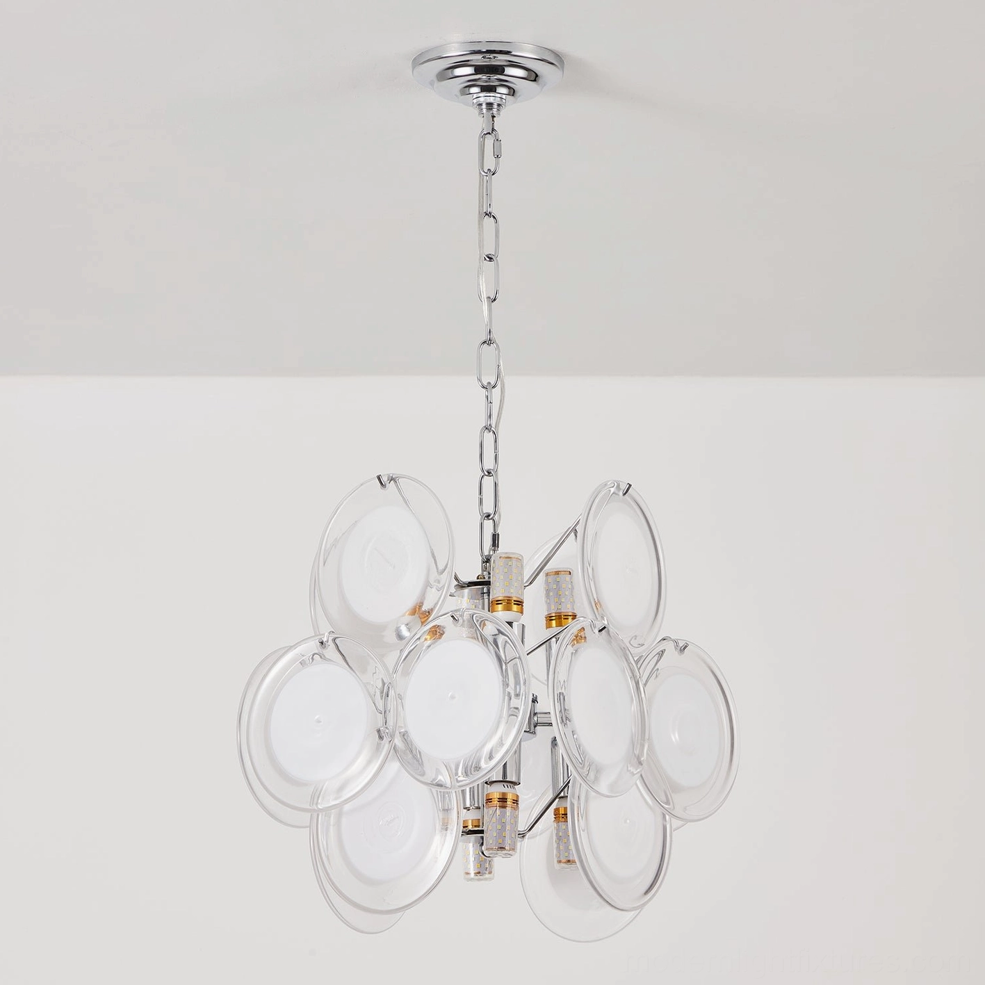 Brunelle clear glass disc pendant chandelier with chrome metal framework, transparent glass discs and polished hardware