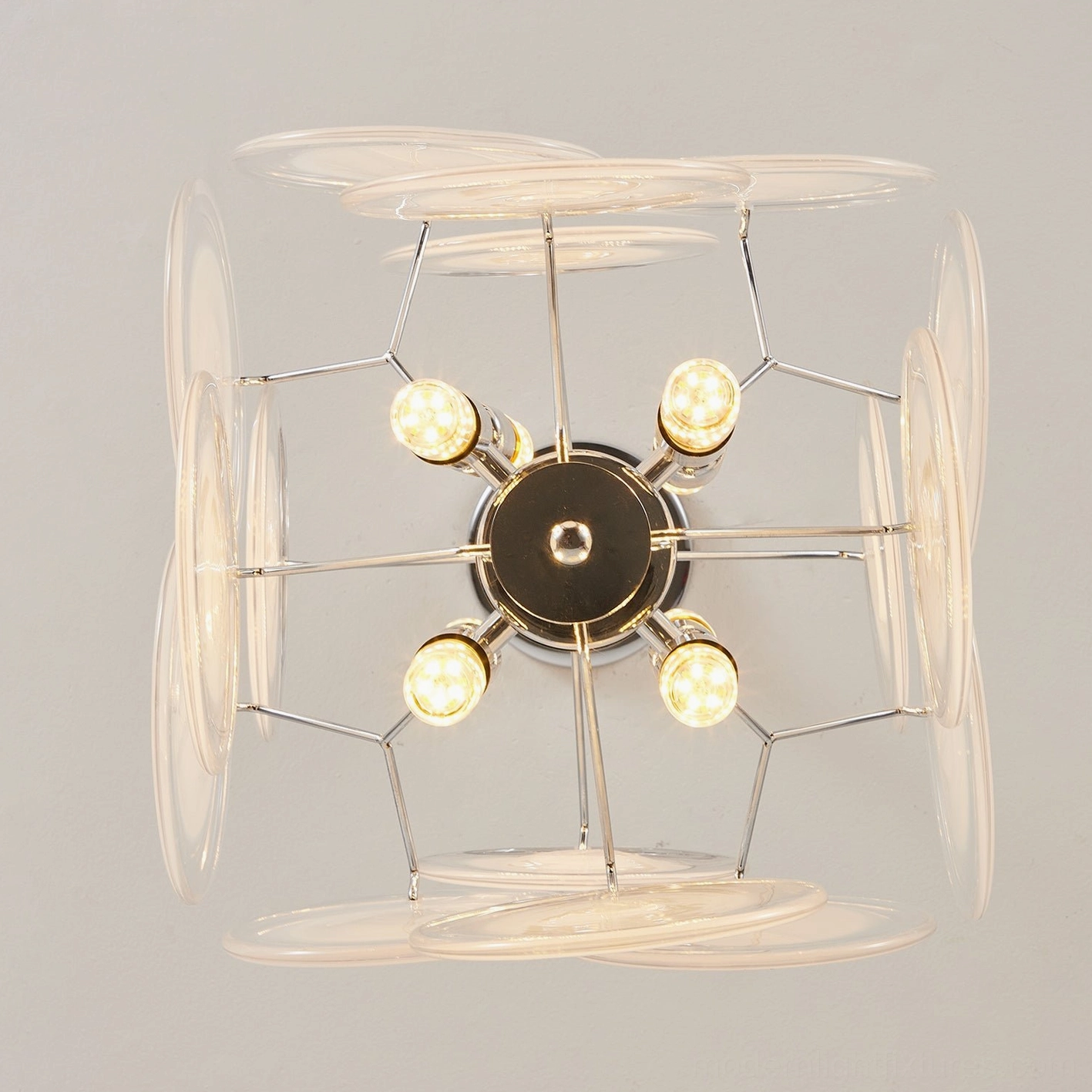 Brunelle pendant fixture with eight-socket capacity, modern glass disc design for multiple bulb configuration
